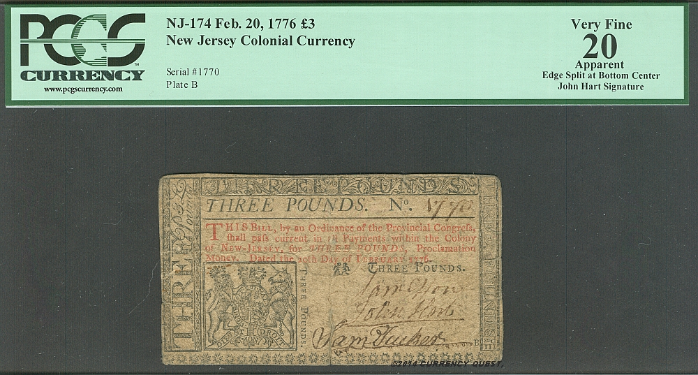 NJ-174, New Jersey Colonial Note, February 20, 1776 3 Pounds, John Hart Signed Note